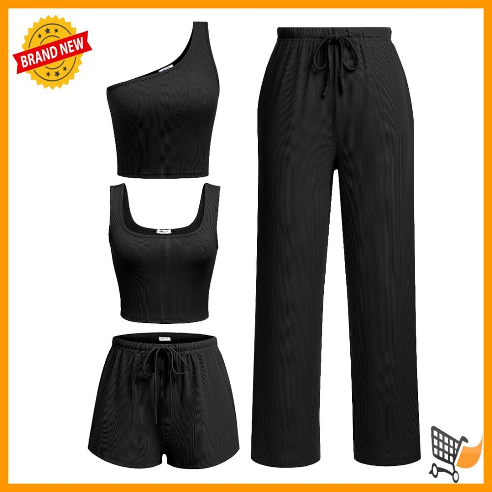 Ribbed Knit Lounge Set 4 Piece Crop Top Shorts Pants Casual Outfit Y2k Chic